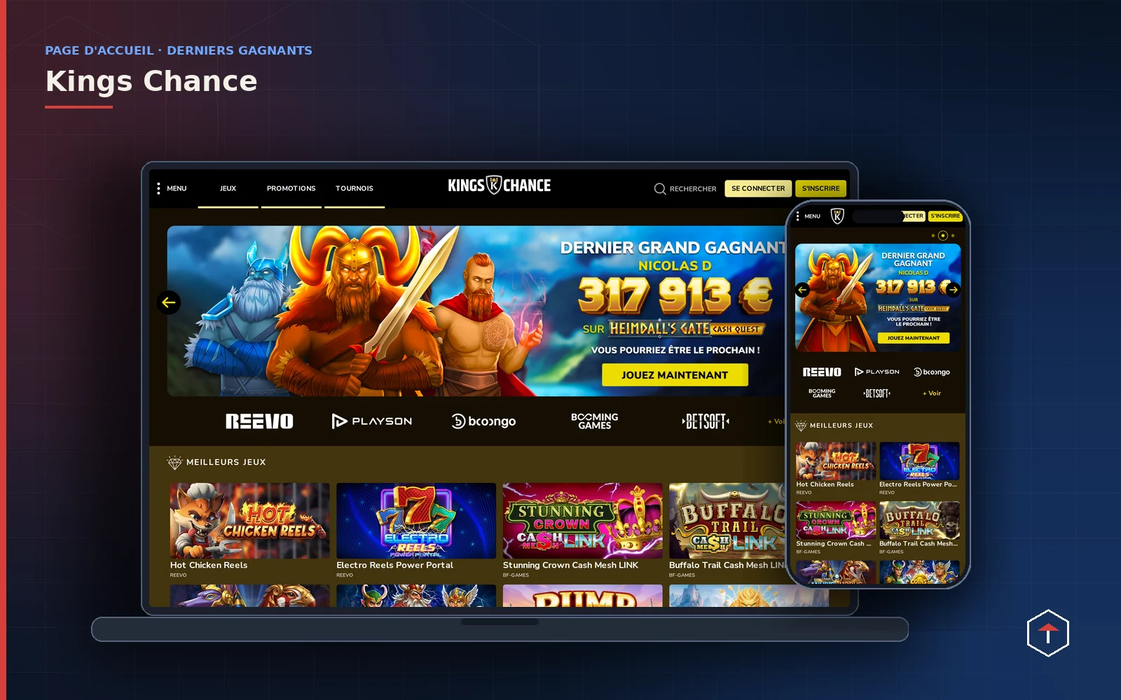 Accueil de Kings Chance en français sur portable et mobile, affichant le dernier grand gagnant et la sélection de machines